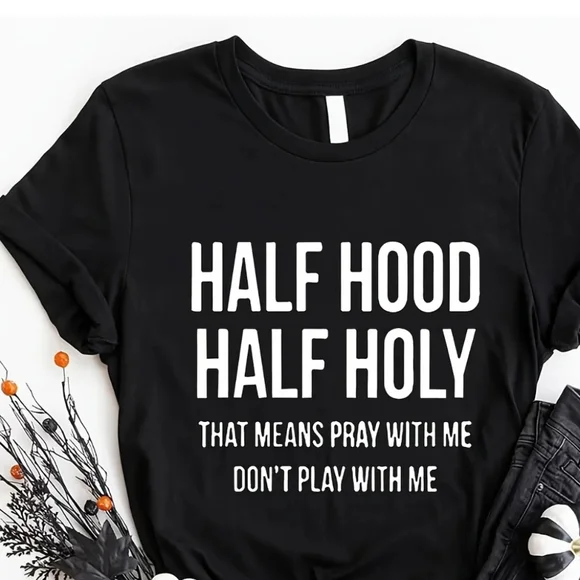 Womens Black / White "Half Hood, Half Holy" Short Sleeve T-shirt - Picture 4 of 5